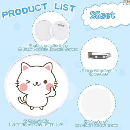 MK.Bear 25 Pack Acrylic Button Pins Badge, 70mm/2.76 Inch Clear Pins Buttons Kit with Blank Round Paper, DIY Badges Acrylic Pin Buttons for Christmas Craft Supplies