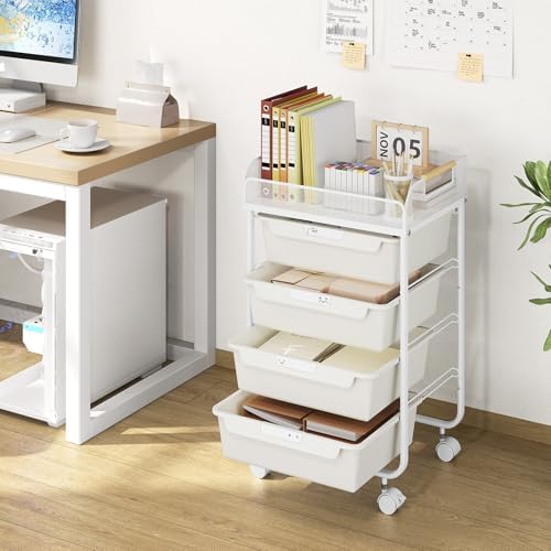 SYKIARIOL 4-Drawer Rolling Storage Cart with Mesh Top,White