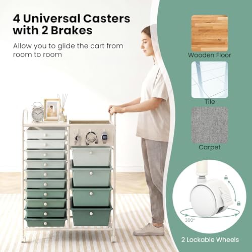 GOFLAME 14-Drawer Rolling Storage Cart with Pegboard, Craft Storage Cart with Lockable Wheels and Metal Frame, Art Cart Supply Storage Organizer for Home Office Classroom, Green Gradient