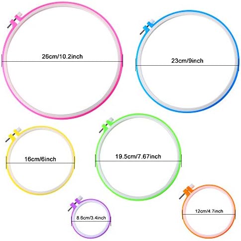 Caydo 6 Pieces Embroidery Hoops and 15 Needles, Plastic Circle Cross Stitch Hoop Ring Embroidery Circle Set, 3.4 inch to 10.4 inch (Multicolor)