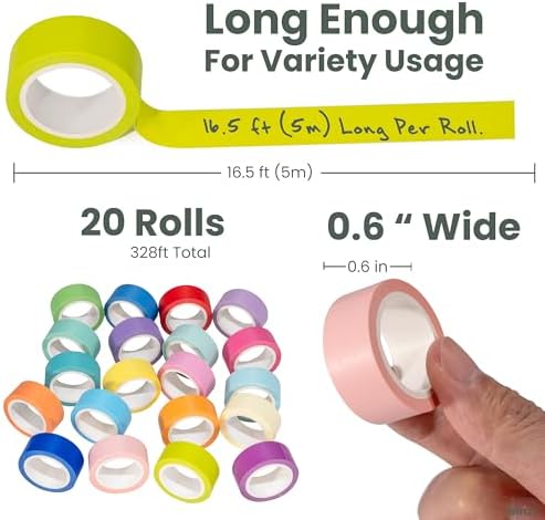 20PCS Colored Washi Tape, Kids Art Supplies Colored Tape, DIY Craft Tape, Colored Tape Rolls, Colored Painters Tape 1.52cm x 5m (0.6In x 328feet Total)