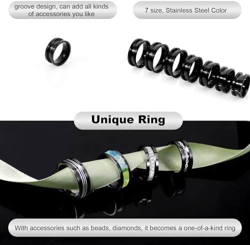 Ring Blanks, 14 Pcs Stainless Steel Finger Rings Grooved Core Inlay Blank Rings US Size 6/7/8/9/10/11/12 Empty Ring Blanks for Jewelry Making Kit Supplies (Black)