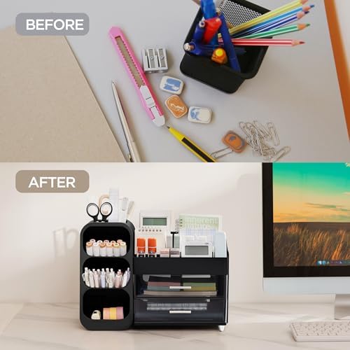 HBlife Desk Organizer with Pen Pencil Holder for Desk, Pen Organizer with 2 Drawers, Desk Organizers and Accessories with 4 Compartments, Desktop Storage for Office Home School Art Supplies, Black