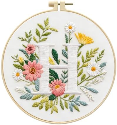 Zhenqing Letter H Embroidery Kit for Beginners, Pre-Printed 29x29cm Cotton Fabric with 20cm Hoop, Elegant Floral Monogram Design (C0091)