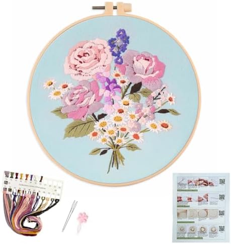 Silentsea Embroidery Kit, Floral and Nature Designs, 3-Pack with Hoops, Needlework Pattern Set (Flower-2)