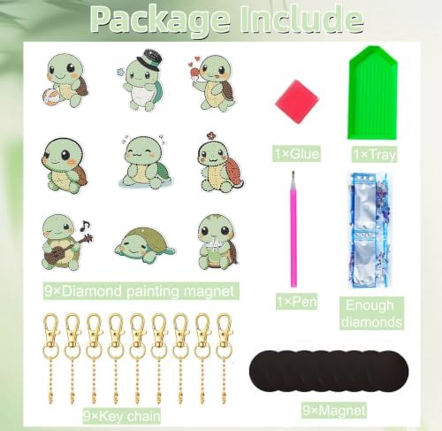 Bulerrylulu 9 Pcs Turtle Diamond Painting Magnets Kits Cat Fridge Magnet Stickers Diamond Art Painting Keychains Gem Painting kit for Beginners Adults DIY Art Craft Gifts Home Decors
