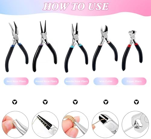 URSKYTOUS 5Pcs Jewelry Pliers Set Pliers for Jewellery Making Include Needle Nose Chain Nose Round Bent Plier Wire Cutter Jewelry Plier Tools for Jewelry Repair Bracelet Beading Craft Making Supplies
