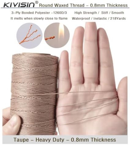 Heavy Duty Round Waxed Thread, 0.8mm, 218 Yards, Taupe, Bonded Polyester Wax Coated Cord String for Leather Sewing, Upholstery, Whipping Twine, Basket Weaving, Macrame, and Jewelry Making