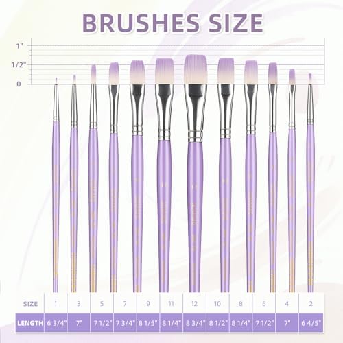 12 Pcs Flat Professional Artist Watercolor Paint Brush Set, Purple