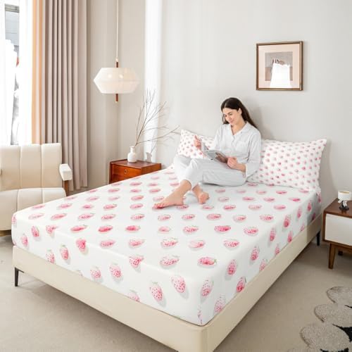 Manfei Cut Strawberry Sheet Set Pink Lovely Fruits Bedding Set Rustic Sweet Style Bed Sheets Teens Room Decor White (King Flat & Fitted Sheet with 2 Pillow Case)