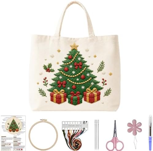 ARTopet Embroidery Tote Bag Kit for Beginners Christmas Canvas Cross Stitch Handbag with Hoops Needles Threads Reusable Grocery Bag for Women-Christmas Tree