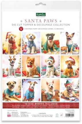 Katy Sue Santa Paws Die-Cut Christmas Card Topper & Decoupage Collection. 4 Sheets of Puppy & Dog-Themed Card Toppers & 4 Sheets of Matching Die-Cut Decoupage for Christmas Card Making Supplies