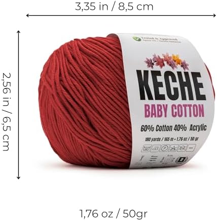 Keche Baby Cotton, 60% Cotton 40% Acrylic Yarn, Soft Cotton Yarn for Crochet and Knitting, Amigurumi Yarn 1 Skein/Ball 1.76 Oz (50g) / 180 Yrds (165m) - Red