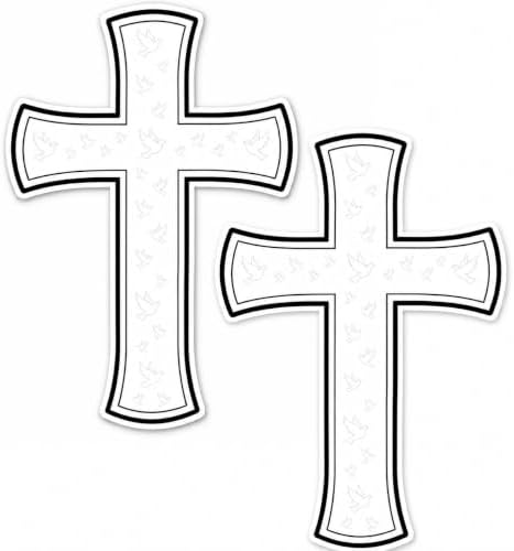Christian Holographic or Reflective Cross Car Decal, Jesus Cross Vinyl Sticker with Subtle Dove or Heart Pattern, Weather Resistant (White Dove - 2 Pack)