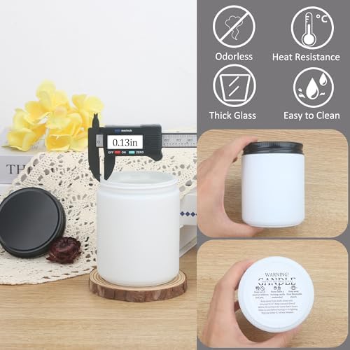 MILIVIXAY 20 Pack 8 OZ Thick Glass Frosted White Candle Jars with All Black Metal Lids-Bulk Empty Candle Jars for Making Candles-Canning Jar for Spice, Liquid, Sample- Dishwasher Safe.