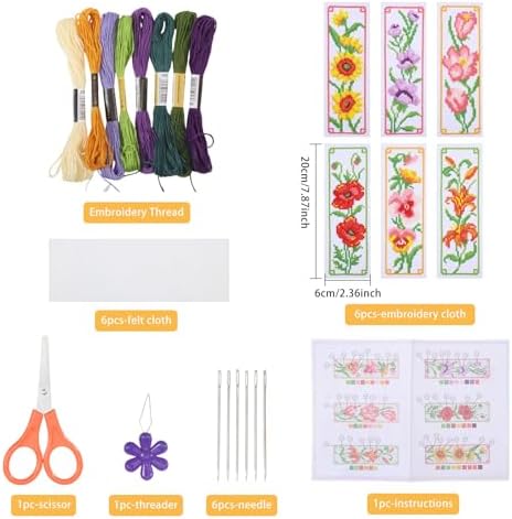 ORIGACH 6 Set Flowers Cross Stitch Bookmark Kit for Beginner with Backing Felt Floss Instructions DIY Stamped Embroidery Bookmark Kit for Adults, Book Lovers