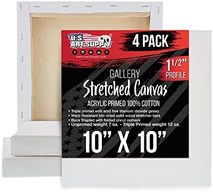 U.S. Art Supply 10"x10" Stretched Canvas for Painting, Gallery Depth 4-Pack | Square, 1-1/2" Thick - 12oz Acrylic Gesso Triple Primed, Professional Artist Quality, 100% Cotton - Oil, Pouring Paint