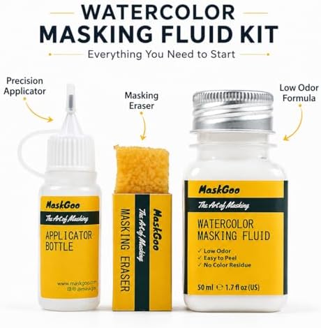 Watercolor Masking Fluid Set with Low Odor Formula, 50ml (1.7 fl oz), Applicator & Eraser