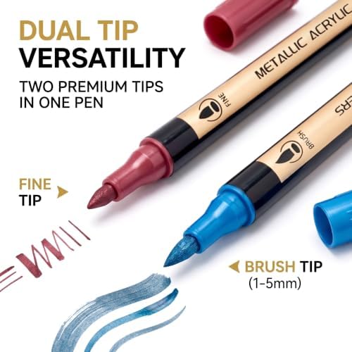 Metallic Acrylic Paint Markers Set, 30 Colors Dual Tip Acrylic Paint Pens for Rock Painting, Canvas, Wood, Glass, Ceramic & DIY Crafts, Quick-Dry Waterproof Permanent Paint Markers (30-Color)