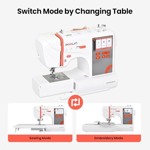 PooLin EOC03(2in1) Sewing and Embroidery Machine 4"x4" & 4"x9.25" Embroidery Size, 130 Built-in Designs 207 Sewing Stitches, 4.3" Touch Screen with WiFi Transfer, Includes Full Kits 1-on-1 Training