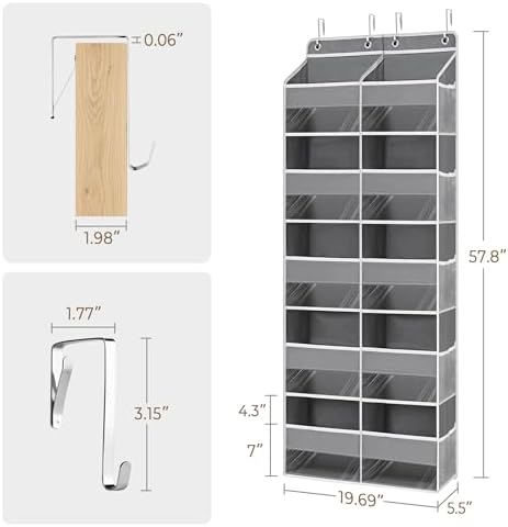 Over The Door Organizer, Hanging Yarn Storage Organizer with 10 Extra Large Clear Pockets and 10 Side Crochet Bags, Hanging Shelves for Yarn, Crochet Hooks, Knitting Needles Supplies Storage, Gray