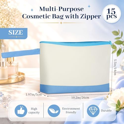 Silkfly 15 Pcs Cotton Canvas Makeup Bags Cosmetic Zipper Bags 10.2 x 5.5 x 2'' Blank DIY Pouch Bulk Pencil Case with Bottom Travel Toiletry Pouch for Women Craft Decor Gift (Beige and Light Blue)