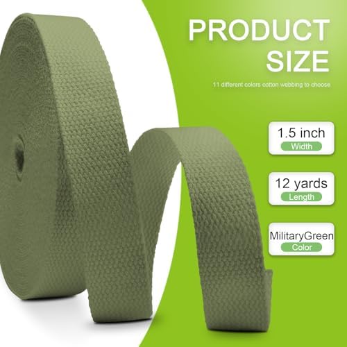 Cotton Webbing 1.5 Inch 12 Yards Natural Cotton Webbing Straps for Bags Handles, 1.5 Inch Weave Webbing for Cloth Tote Bag Straps Making,Cloth Belt, DIY Crafts Decoration (Military Green)