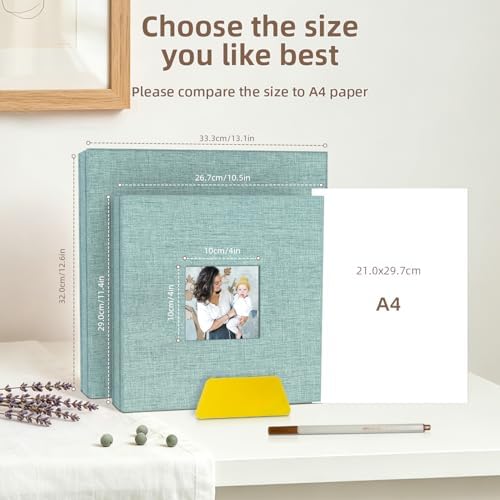 Popotop Photo Album Self Adhesive with Picture Display Window,60 Pages DIY Scrapbooking Supplies Kit for 4x6 8x10 Picture,Linen Cover Memory Book for Baby Wedding, with Scraper and Metallic Pen