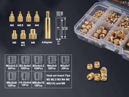 Heat Set Thread Inserts 380pcs Boxed with M2 M2.5 M3 M4 M5 M6(1/4) M8 Insert Tips for 3D Printing Components and Plastic Parts-Brass Metric Knurled Nuts