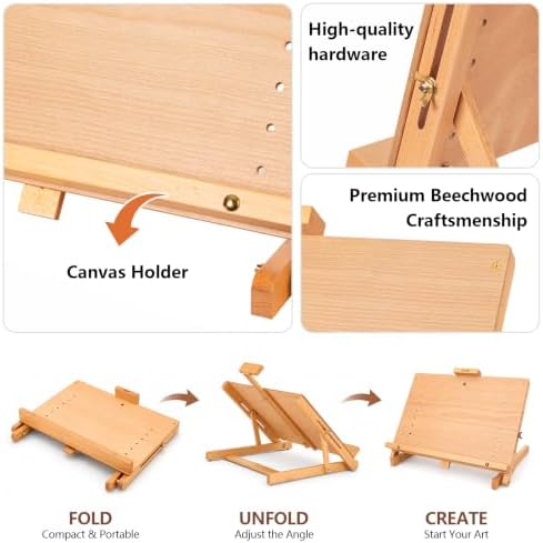 DJAR Tabletop Easel Stand for Painting, Solid Beech Wood, Natural | Adjustable Drawing Sketching Board for Adults, Hold Canvas up to 23", Portable Desktop Art Stand for Students and Beginners