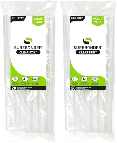 Surebonder Made in The USA All Purpose Stick Glue Sticks-All Temperature-Clear 7/16" D, 10" L Glue Stick-20 Sticks per Bag (Pack of 2)
