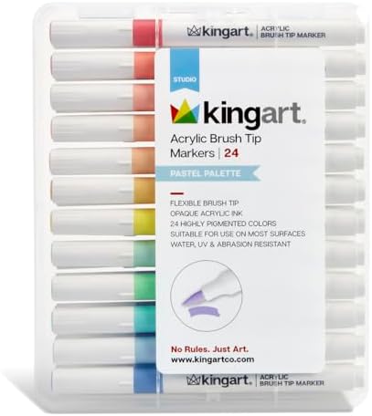 KINGART 24-Piece Pastel Acrylic Paint Brush Tip Marker Set – Flexible Fiber Brush Tips – Smooth Opaque Water-Based Ink for Illustration, Calligraphy, and DIY Crafts – 24 Unique Pastel Colors