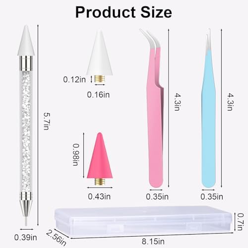 Rhinestone Picker Tool,2 Wax Pencil for Rhinestones, Dual-Ended Rhinestone Applicator Wax Pen Gem Picker Tool with 6 Extra Wax Tips and 2 Tweezers (Pink+White)