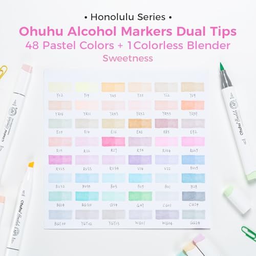 Ohuhu Pastel Alcohol Brush Markers- 48 Colors of Honolulu Sweetness - AP Certificated -Alcohol Based Double Tipped Art Marker Set for Artist Adults Coloring Illustration- Brush & Chisel - Refillable