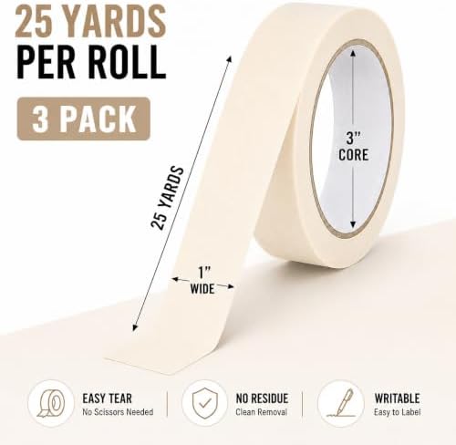 Masking Tape 1 Inch Wide, 25 Yds x 3 Rolls White Painters Tape 75 Yds Total
