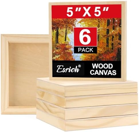 ESRICH 5x5 Inch Wood Panels, 6 Pack Square Craft Wood Canvas Boards, Blank Unfinished Wooden Art Board for DIY Art Creations Such as Painting, Acrylic Pouring, Resin, Burning, Collage, etc.