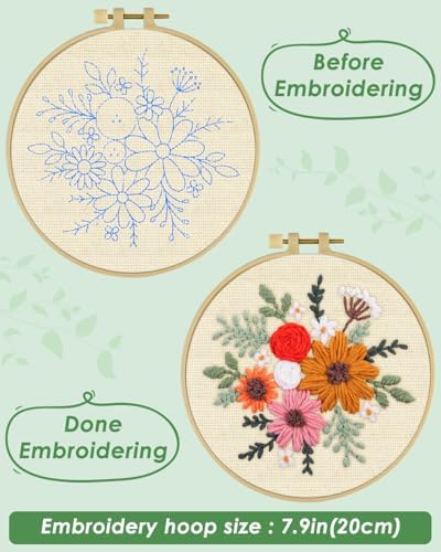 ERKOON Punch Needle Kit Beginners Adults, DIY Easy Flower Embroidery Set for Starter Art Craft, Needling Punching Project with Patterns, Tools, Yarns, Hoop, Instruction (Rainbow Flowers)