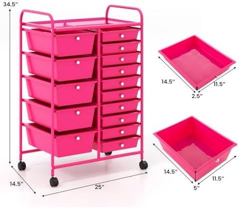 Giantex 15 Drawers Rolling Cart, Classroom Organizers, Storage Cart with Wheels, for Teacher Office Home School Supplies Tool Craft Art Paper