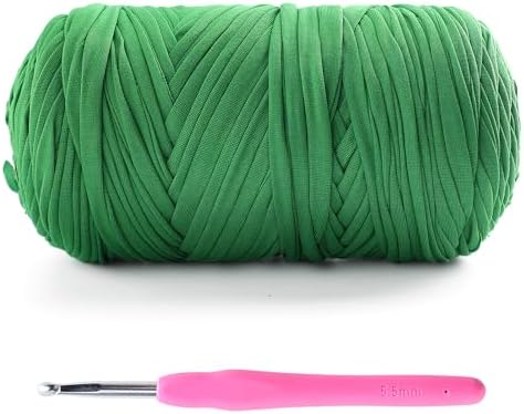 Tshirt Yarn for Crochet - 400 g/130 yds T Shirt Yarn for Crocheting Bags/Baskets/Home Decor - Soft Elastic Fabric T-Shirt Yarn with 1 Crochet Hook (1, Grass Green)