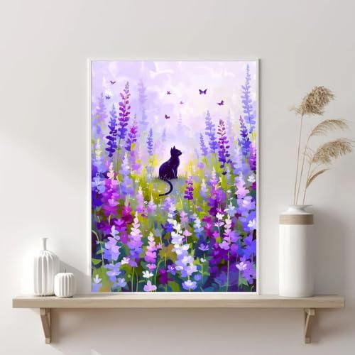 VeGuude Black Cat Diamond Art Kits for Adults,Lavender 5D DIY Full Round Drill Diamond Painting Kit,Landscape Scenery Diamond Art Gem Painting for Gift Home Wall Decor (12x16 inch)