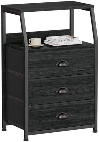Furnulem Black Night Stand, Small Bedside Table for with 3 Fabric Drawers
