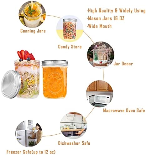 Miuyhji 16 oz Wide Mouth Glass Mason Jars with Lids, 6 Pack for Canning