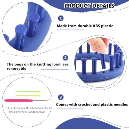 Round Knitting Looms Set, Plastic Loom Knitting Set with Crochet and Plastic Needle, Scarf Hats Making Tools, DIY Crocheting Handmade Craft Kit for Beginners and Knittings Lover (Blue, 5.5inch)