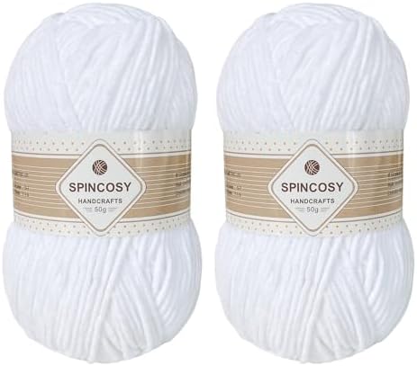Skinny Chenille Yarn, 2 Pack of 50g/120 Yards Fluffy Soft Polyester Crochet Yarn Sutible for Colorful DIY Crafts Blankets Plush Dolls (White)