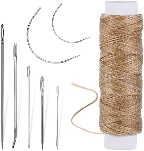 55 Yards Waxed Thread and 7 Leather Needles Set for Hand Sewing, Khaki