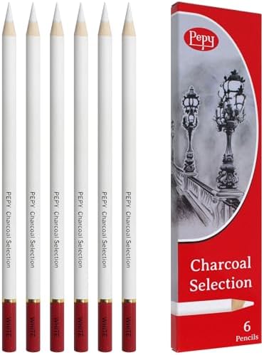 Pepy Professional White Charcoal Pencil Set – Set of 6 Pre-Sharpened White Charcoal Pencils; Perfect for Drawing, Sketching, Blending and Shading