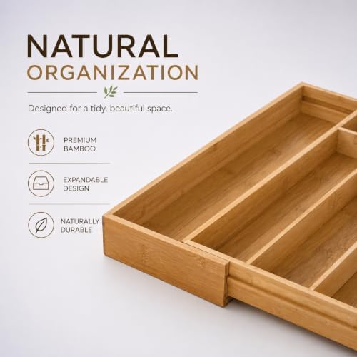 Bamboo Expandable Silverware Drawer Organizer, Utensil Tray