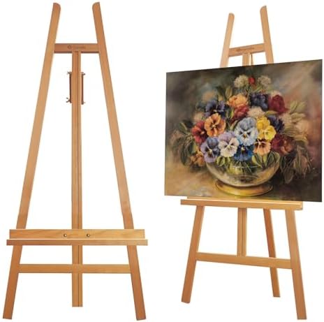Heavy Duty A-Frame Wood Easel Stand - Adjustable Studio Easel Holds Large Canvas, Mirror, Wedding Sign Up to 90 Inches, Floor Display Easel for Artists & Events, Natural Beechwood