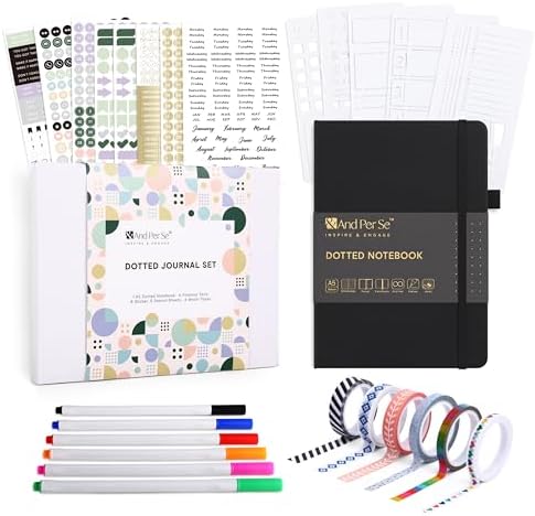&And Per Se Dotted Journal Kit, A5 Hardcover Dot Grid Journal Notebook Set for Beginners with Journaling Supplies Stencils, Stickers, Washi Tapes & Colored Pens Accessories (Black)