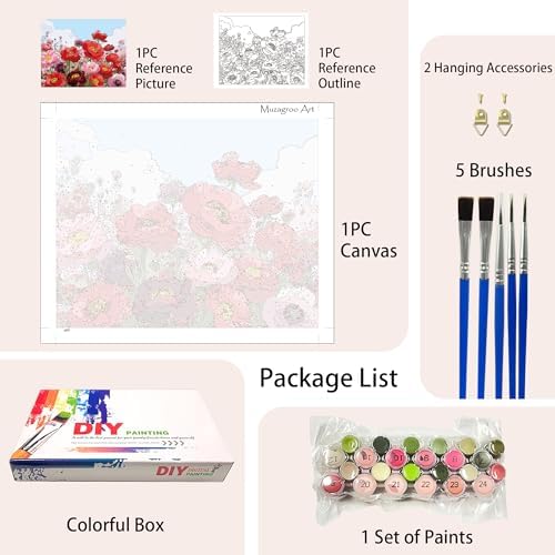 Muzagroo Paint by Numbers Oil Painting Kits for Adults DIY Poppy Flowers Oil Painting for Beginners Hand Crafts Kits with Brushes and Acrylic Paints 16x20 inches (Poppy)